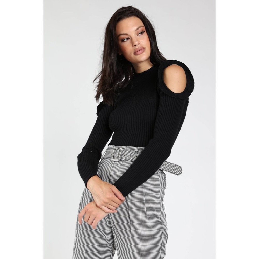 Black Cold Shoulder Ruffle Mock Neck Sweater